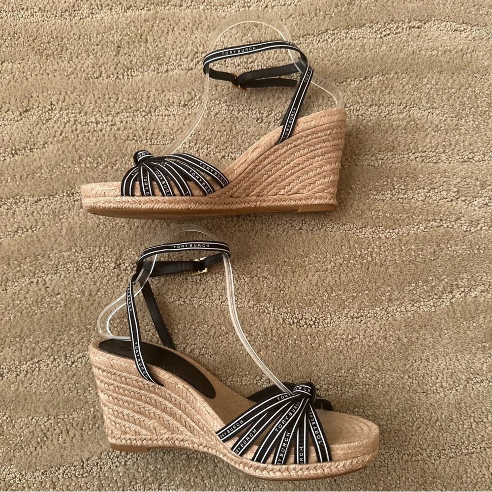 NEW Tory Burch Ribbon Strappy Wedge Espadrille Platform Sandals Navy Cream Tan 9 - Picture 6 of 16